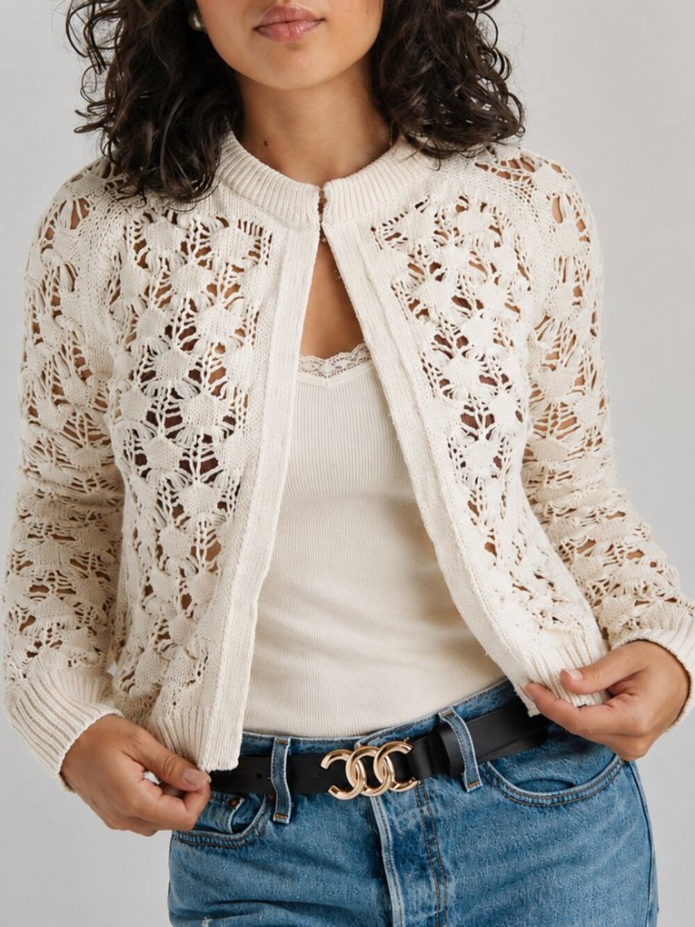 Zara Cream Long Sleeve Crochet Cardigan Size M